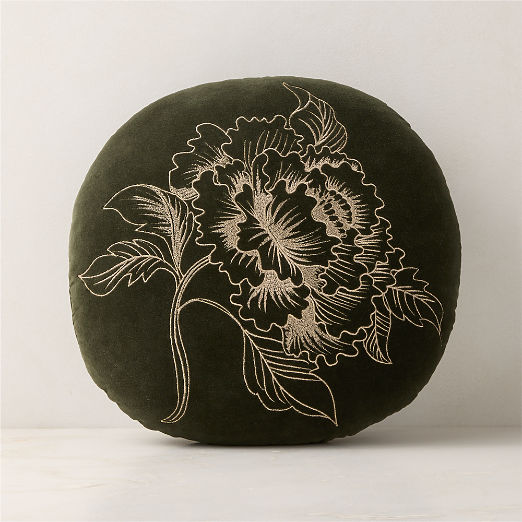 Winter Peony Embroidered Green Velvet Throw Pillow 18"