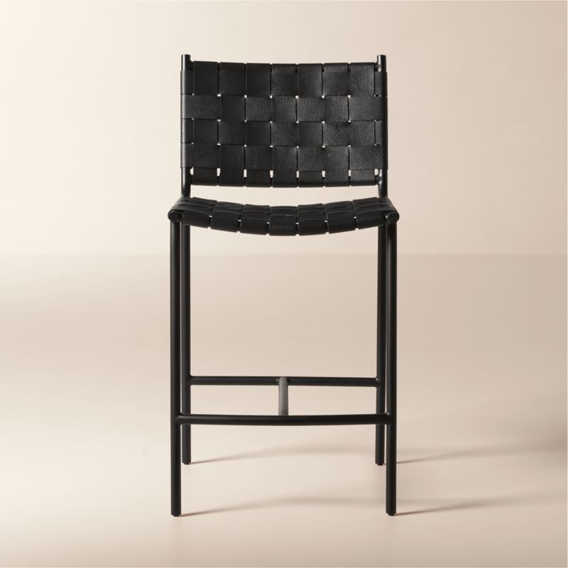 View Woven Black Leather Counter Stool details