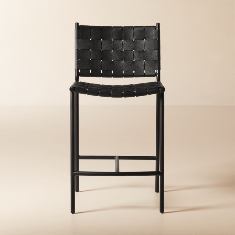 View Woven Black Leather Counter Stool details