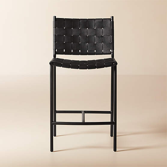 Woven Black Leather Counter Stool