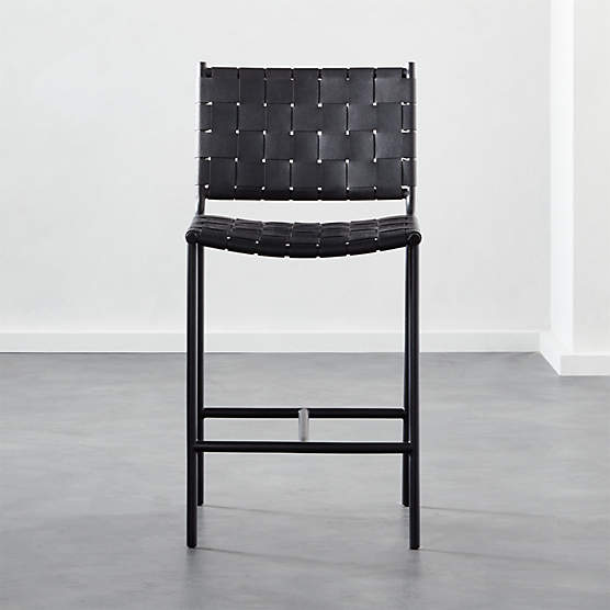 Woven Black Leather Counter Stool Set of 2