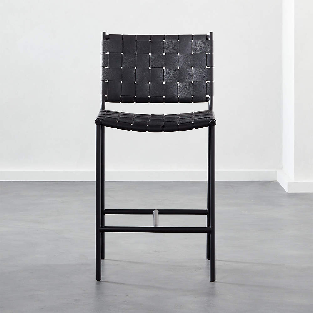 Woven Black Leather Counter Stool, Metal And Leather Counter Stools