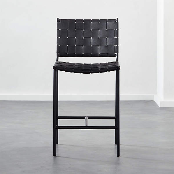 Woven Black Leather Counter Stool, Black Leather Barstools