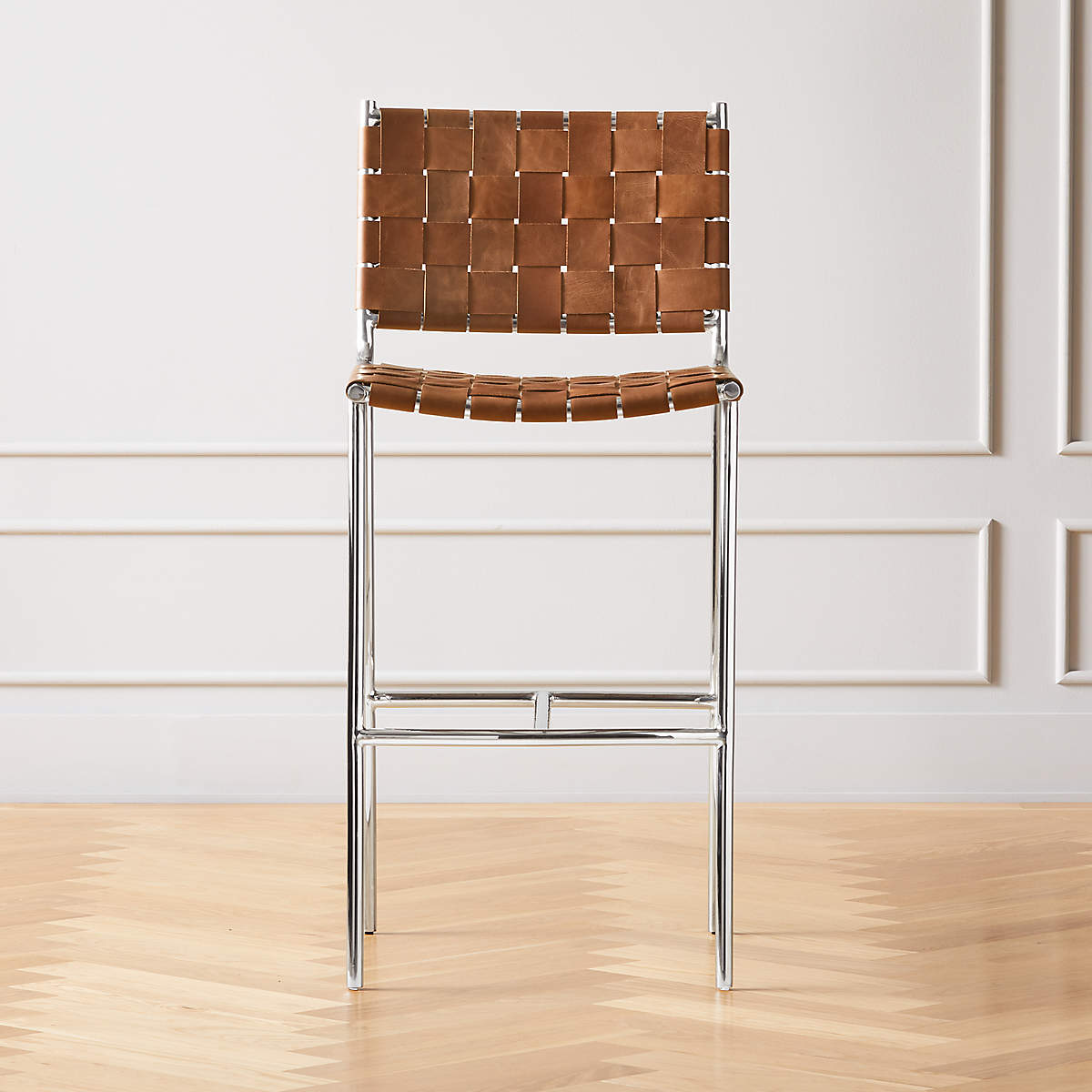 Woven Brown Leather Bar Stool + Reviews CB2