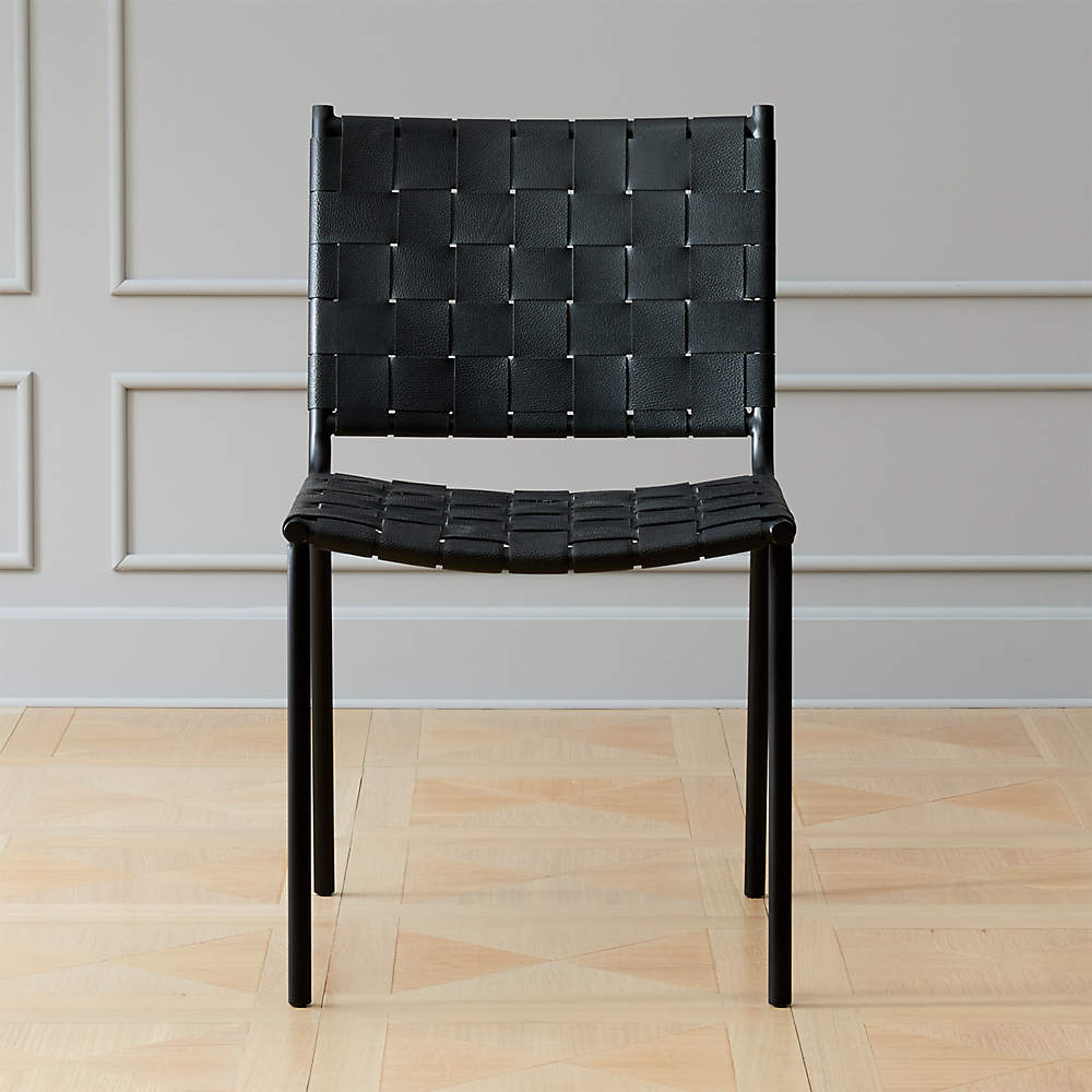 Woven Black Leather Dining Chair, Leather Seat Dining Chairs