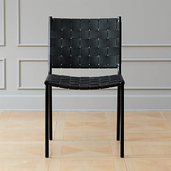 Woven Black Leather Dining Chair, Leather Dining Chair
