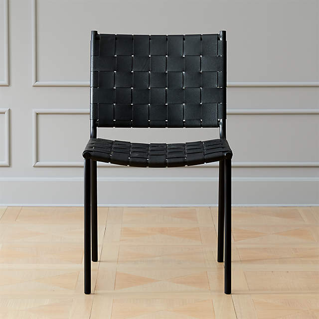 Woven Black Leather Dining Chair, Woven Leather And Wood Dining Chairs