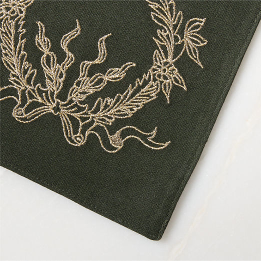Yuletide Embroidered Green and Gold Cotton and Linen Blend Cocktail Napkins Set of 4