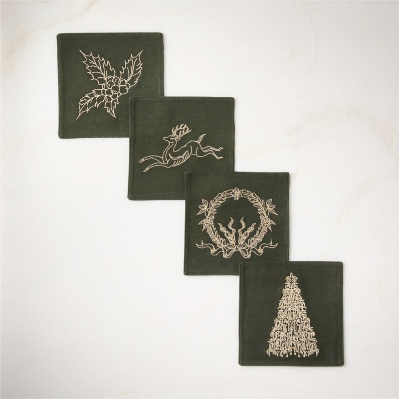 Yuletide Revelry Round Enamel Serving Tray, Spruce Etched Coupe Glasses Set of 6 and Yuletide Embroidered Green and Gold Cotton Linen Cocktail Napkins Set of 4 - image 4 of 6