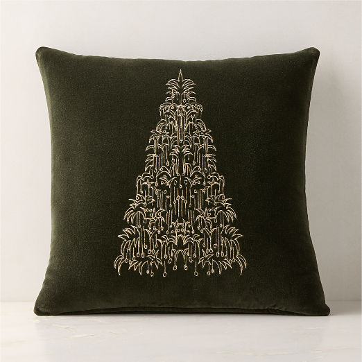 Yuletide Revelry Embroidered Green Velvet Throw Pillow 20"x20"