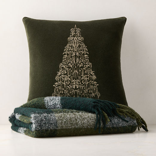 Yuletide Revelry Embroidered Green Velvet Throw Pillow and Cervino Green Plaid Wool Blend Throw Blanket Set