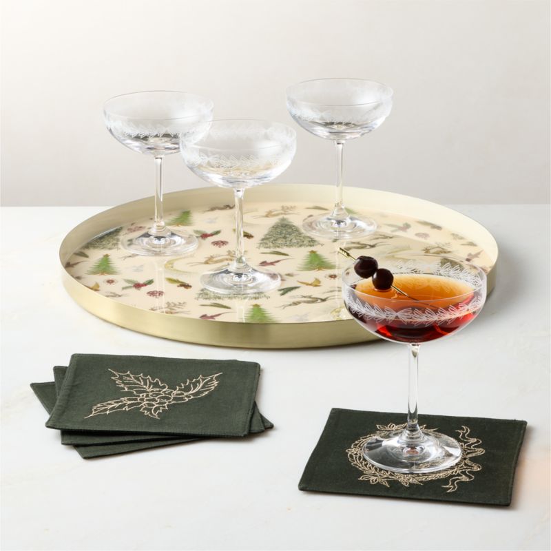 Viewing product image Yuletide Revelry Round Enamel Serving Tray, Spruce Etched Coupe Glasses Set of 6 and Yuletide Embroidered Green and Gold Cotton Linen Cocktail Napkins Set of 4 - image 1 of 6
