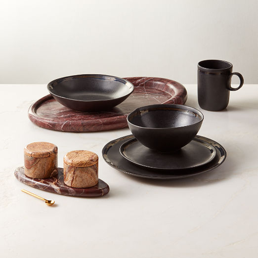 Hyacinth 4-Piece Black Dinnerware Set with Soup Bowl with Reactive Glaze