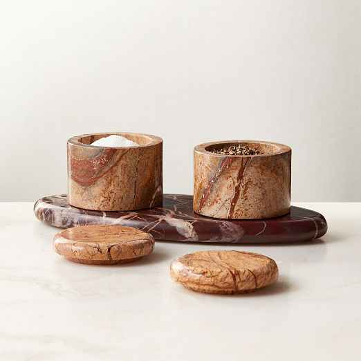 Zetes Tan and Red Marble Salt Cellars, Set of 3