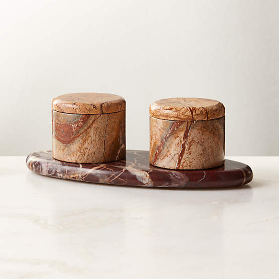 Zetes Tan and Red Marble Salt Cellars, Set of 3