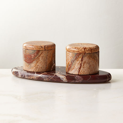 Zetes Tan and Red Marble Salt Cellars, Set of 3