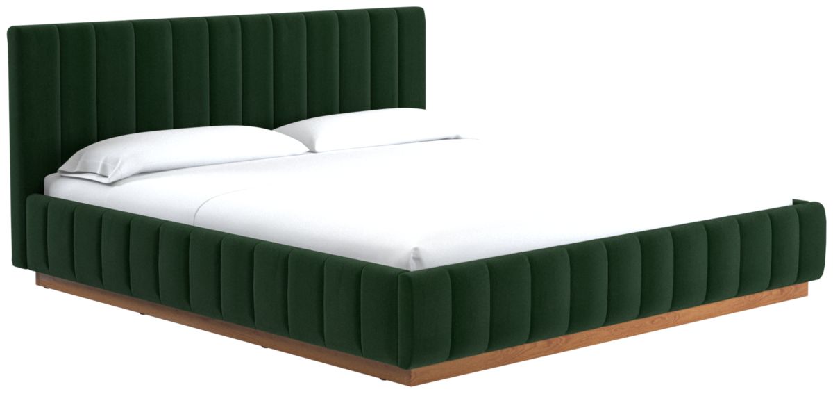 Deep green velvet channeled bed with natural oak base