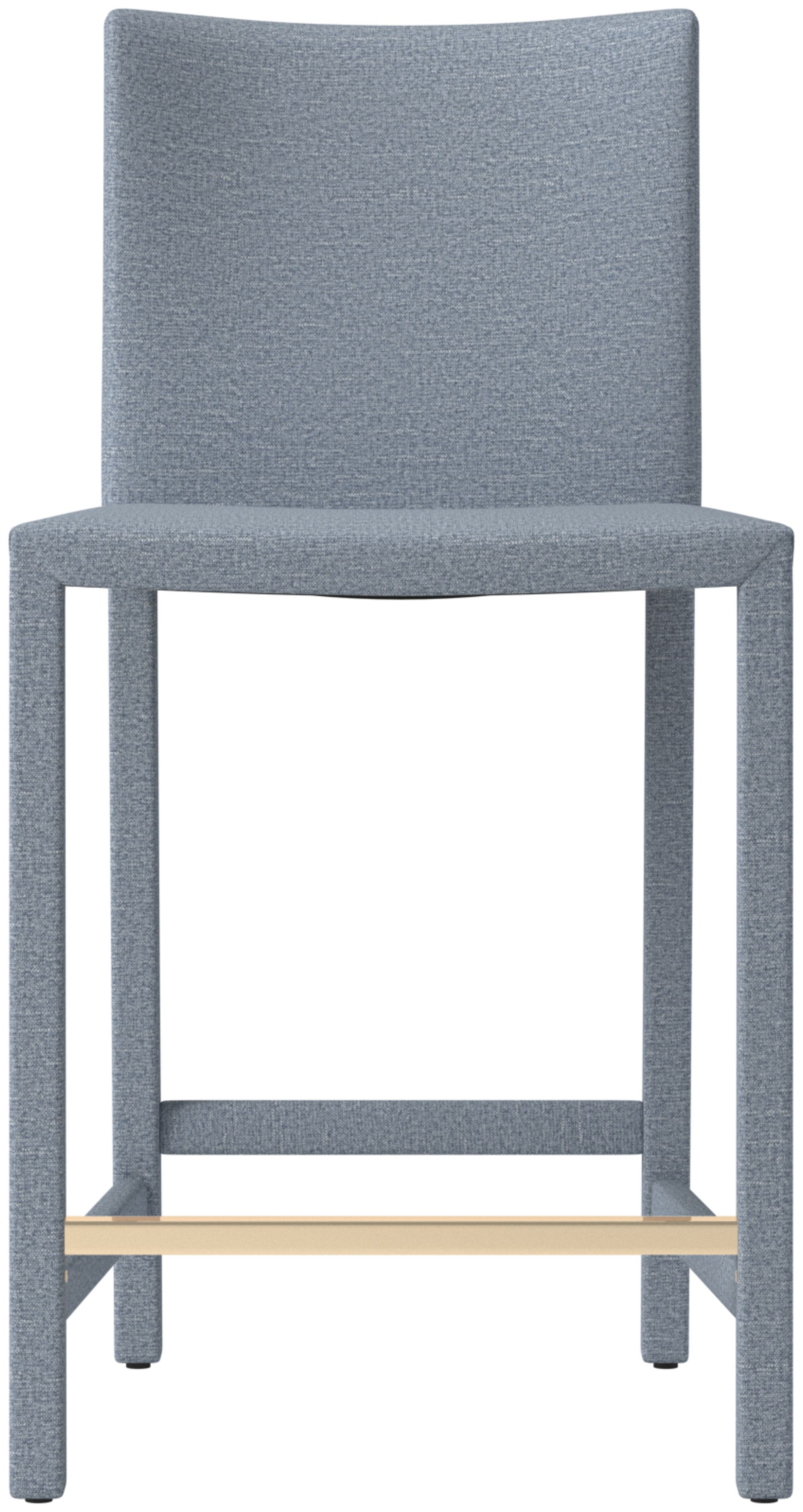 Grey upholstered counter stool with wooden bar top and legs.