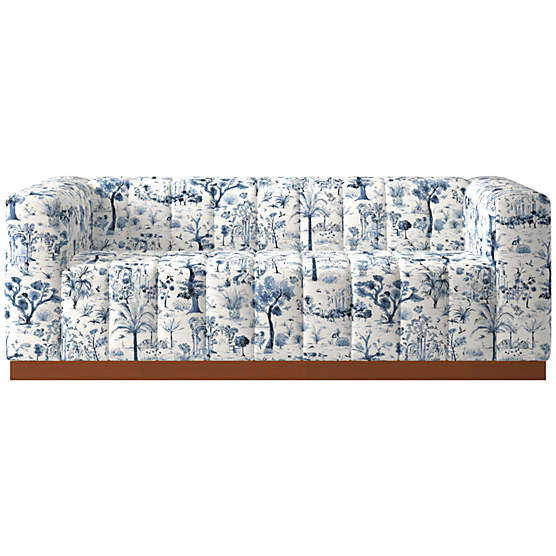 Forte 81" Landscape Blue Sofa with Walnut Base