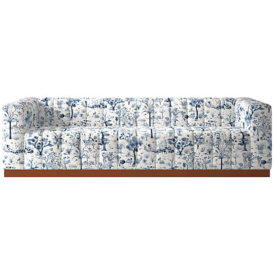 Forte 101" Landscape Blue Sofa with Walnut Base