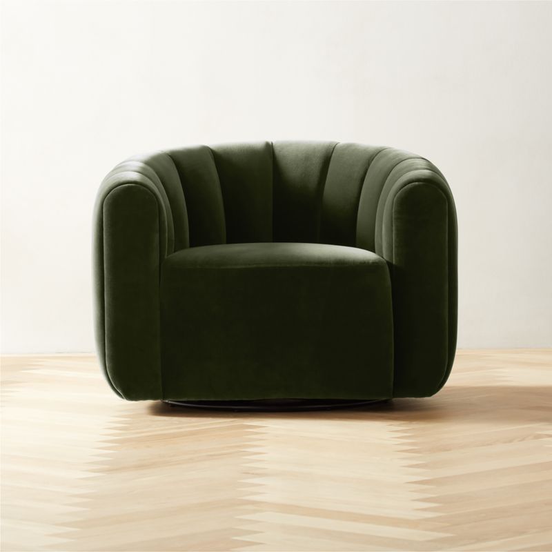 Fitz Modern Channeled Green Velvet Swivel Chair Set of 2 + Reviews | CB2