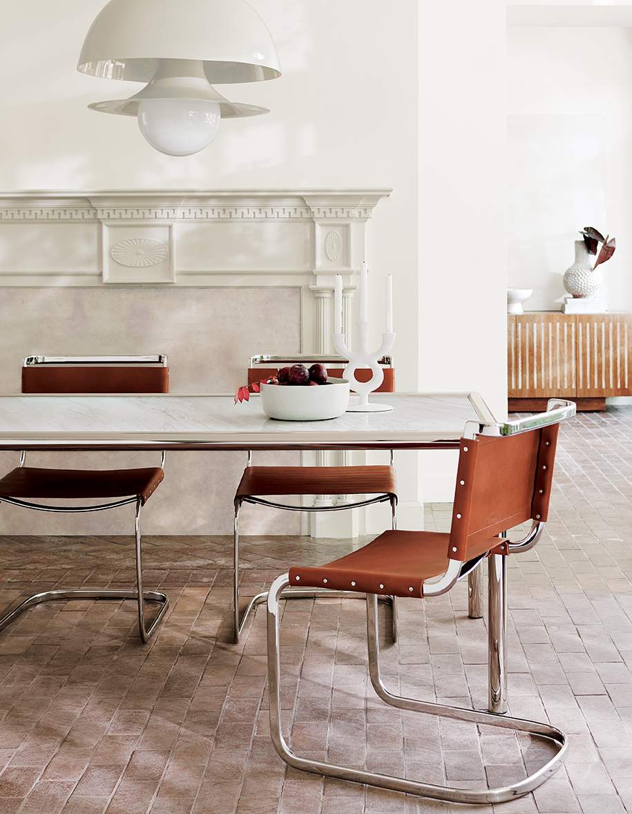 modern dining room with leather chairs