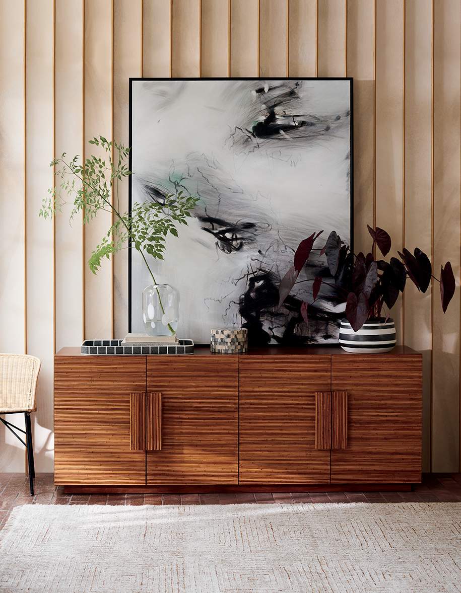 entryway with rattan media credenza